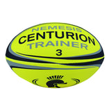 The Centurion Nemesis Fluo Training Rugby Ball is a durable, high-visibility ball in fluo yellow, featuring the Centurion brand name and logo.