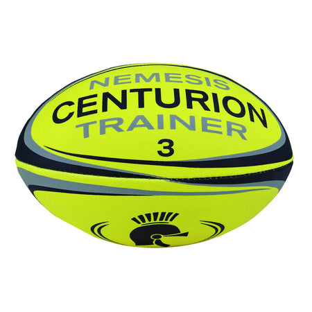 The Centurion Nemesis Fluo Training Rugby Ball is a durable, high-visibility ball in fluo yellow, featuring the Centurion brand name and logo.