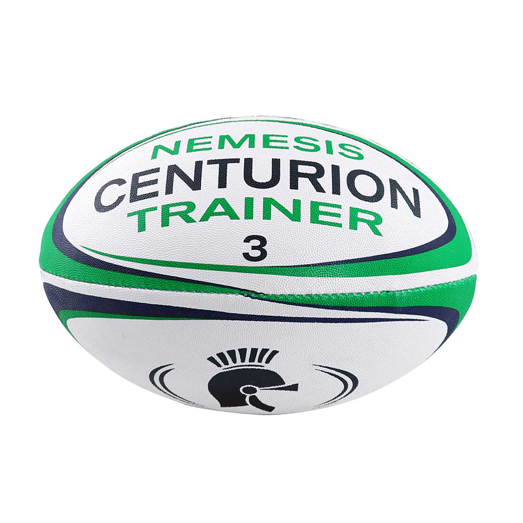 The Centurion Nemesis Trainer Rugby Ball is a white and green hand-stitched ball featuring "Centurion Trainer 3" and a black spartan helmet logo.