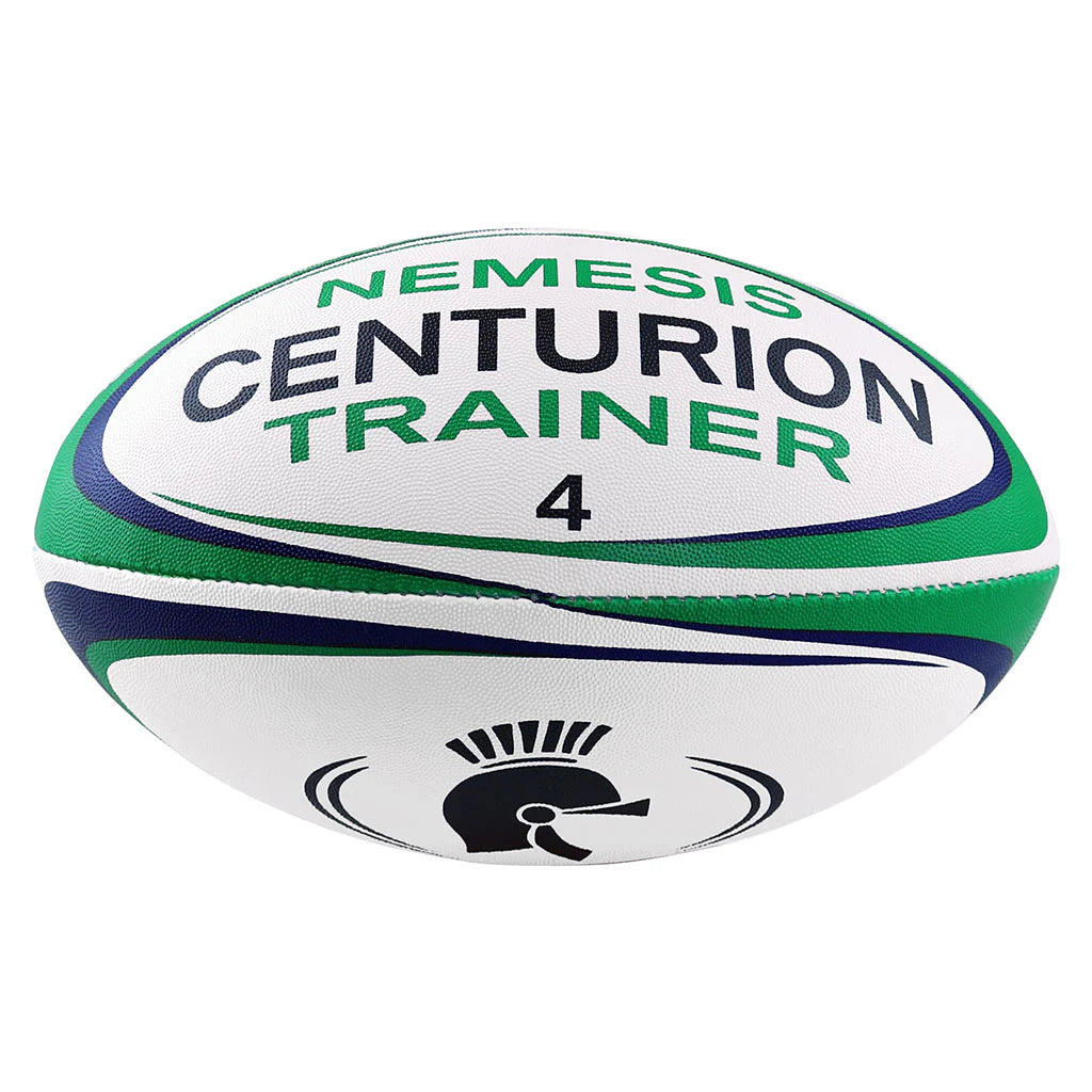 The Centurion Nemesis Trainer Rugby Ball features a white, green, and blue design with a black helmet graphic. Hand-stitched for durability and performance, this rugby ball is crafted by Centurion.