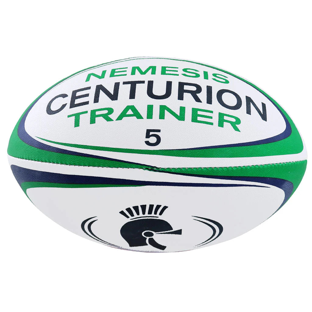 The Centurion Nemesis Trainer Rugby Ball, in white, green, and navy with a black spartan helmet graphic and "Centurion Trainer 5" label, is hand-stitched—ideal for practice.