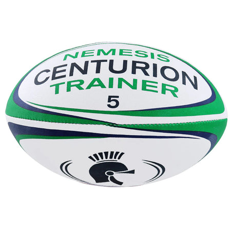The Centurion Nemesis Trainer Rugby Ball, in white, green, and navy with a black spartan helmet graphic and "Centurion Trainer 5" label, is hand-stitched—ideal for practice.