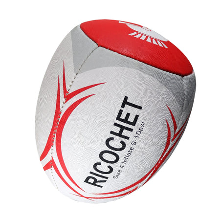The Centurion Ricochet Reflex Rugby Ball, size 4, features curved red and grey designs with "RICHOCHET" printed on a white and red surface. Inflate to 9-10 psi. Ideal for rugby training to improve passing accuracy.