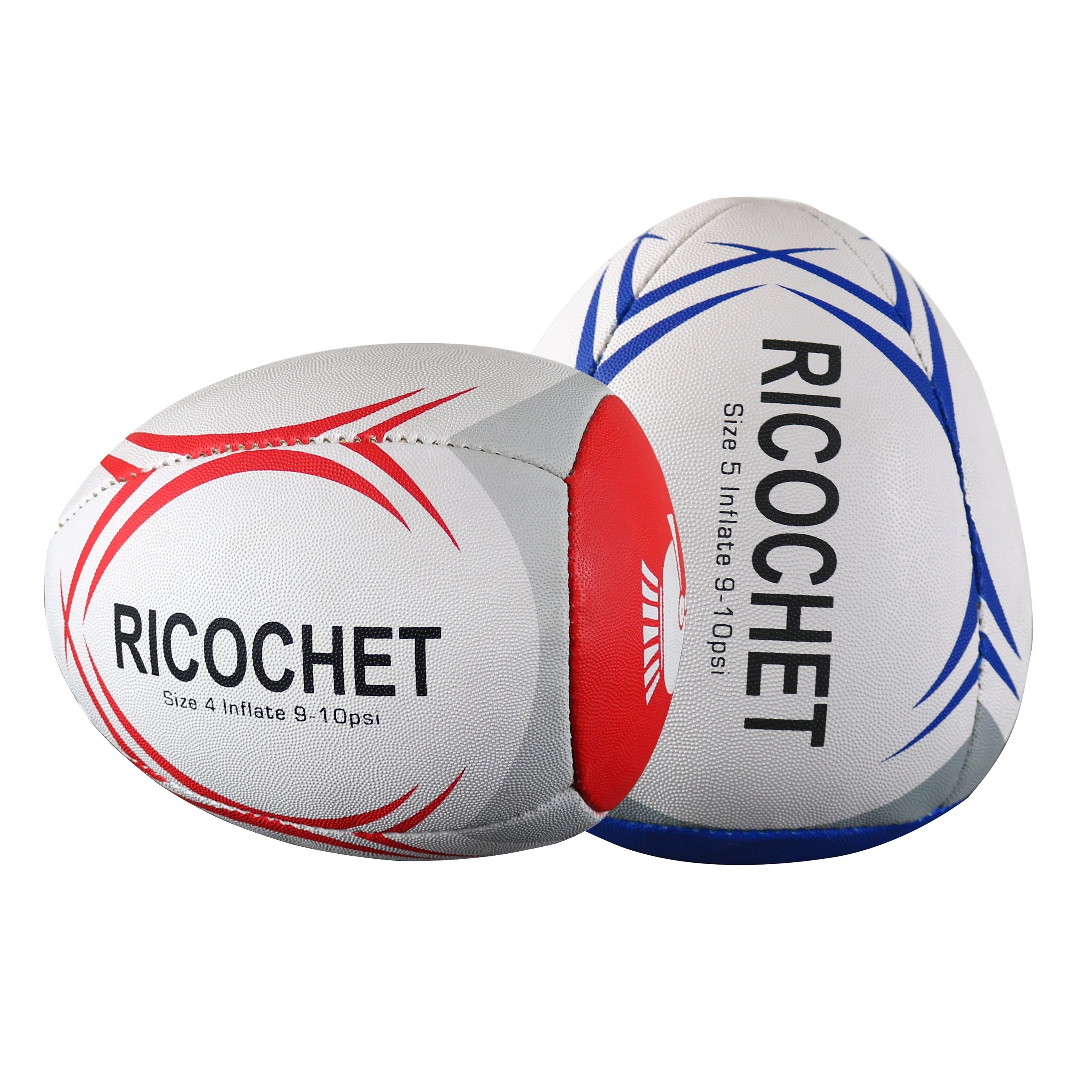 Two Centurion Ricochet Reflex Rugby Balls are shown, one with red and gray accents, the other blue and gray. Both display size and inflation details, making them ideal Centurion training balls for improving passing accuracy during practice.