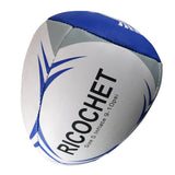 A Centurion Ricochet Reflex Rugby Ball in white and blue, size 5, inflate to 9-10 PSI, with passing accuracy instructions is shown isolated on a white background.
