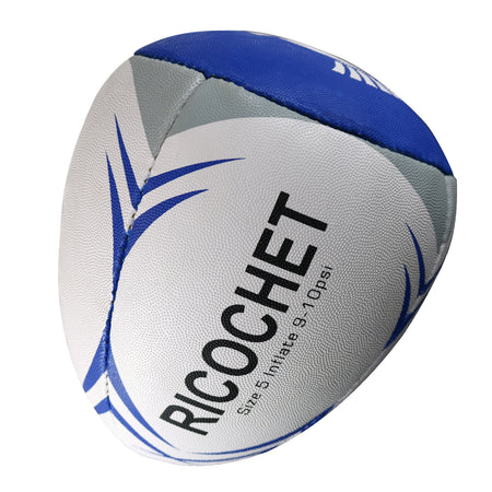 A Centurion Ricochet Reflex Rugby Ball in white and blue, size 5, inflate to 9-10 PSI, with passing accuracy instructions is shown isolated on a white background.