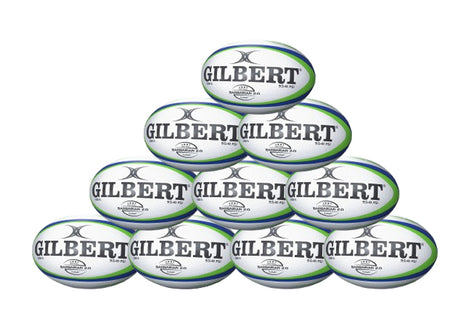 A pyramid stack of ten Gilbert Barbarian 2.0 Match Balls, each white with green and blue stripes and bold Gilbert branding—the ideal pack from Gilbert for your next rugby match.