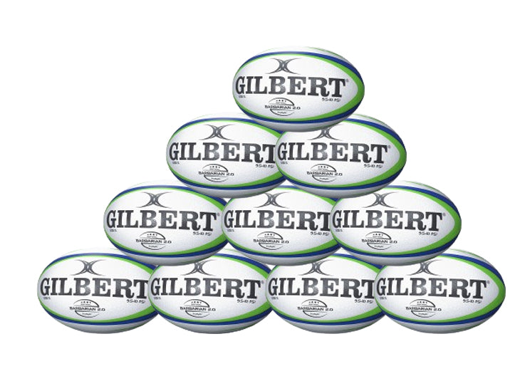 A pyramid stack of ten Gilbert Barbarian 2.0 Match Balls, each white with green and blue stripes and bold Gilbert branding—the ideal pack from Gilbert for your next rugby match.