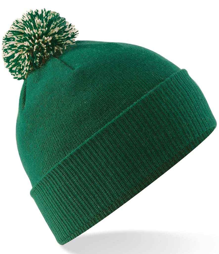 The Kingswood Village CC Snowstar Beanie (Bottle/Off White) by Martin Berrill Sports, with a folded brim and green and white pom-pom, featuring the Club Logo, is shown against a white background.