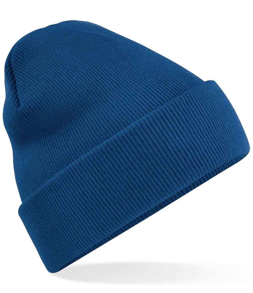 A blue knit beanie from Martin Berrill Sports' Custom Branded Bobble Hats & Beanies collection, shown with a folded brim against a white background. This plain style is logo-free and ideal for those seeking personalized beanie hats.
