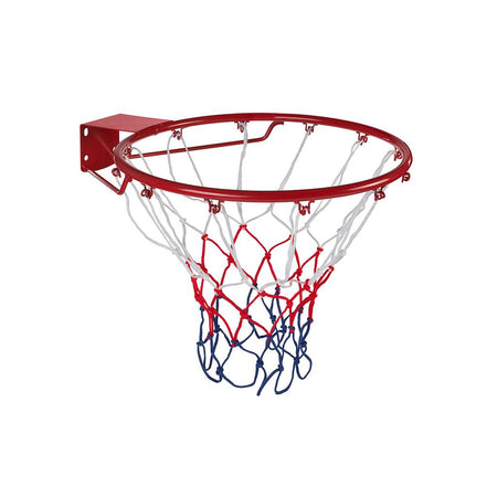The Midwest Basketball 18" Hoop & Net Set by Midwest features a red, white, and blue heavy-duty net with an official size rim.