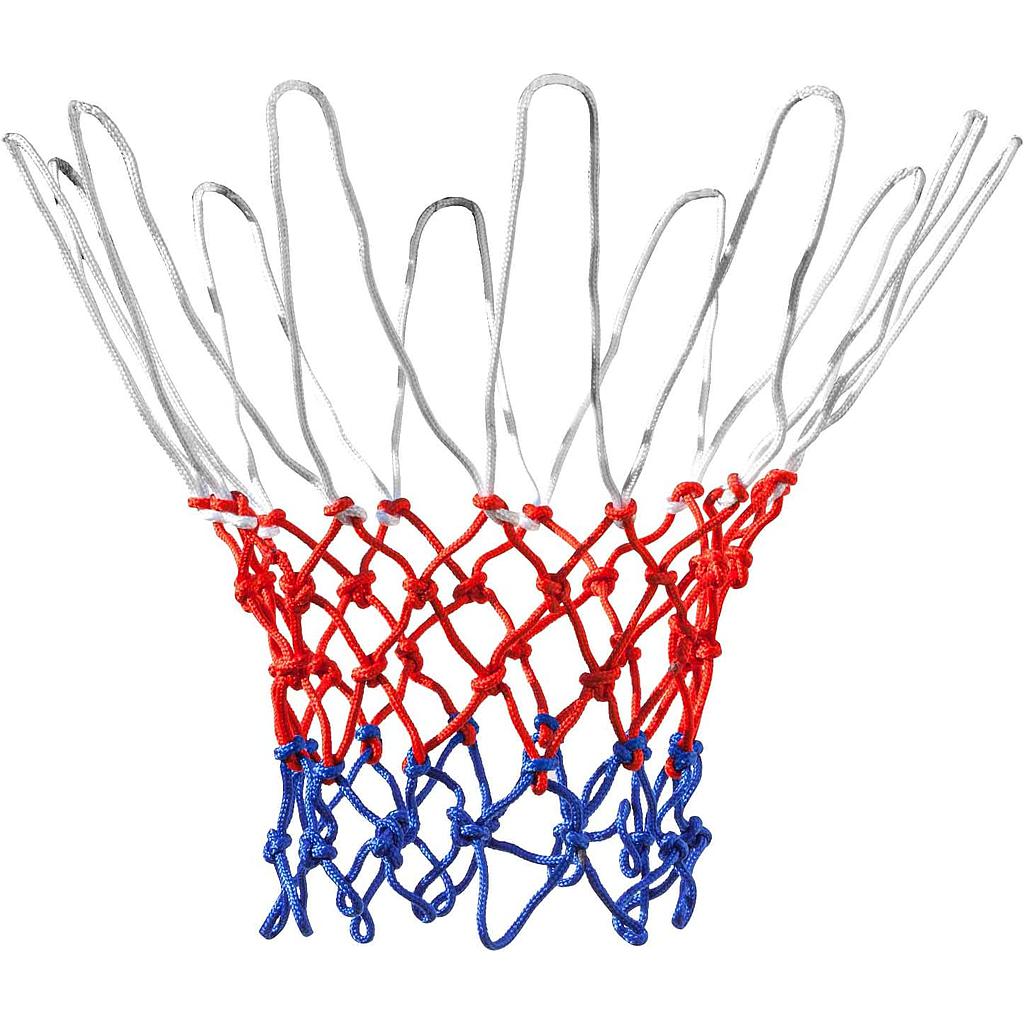 The Midwest Basketball 18" Hoop Spare Net by Midwest is a weather-resistant, tri-color rope net—white at the top, red in the middle, blue at the bottom—designed to fit any standard 18-inch basketball hoop, shown on a plain white background.
