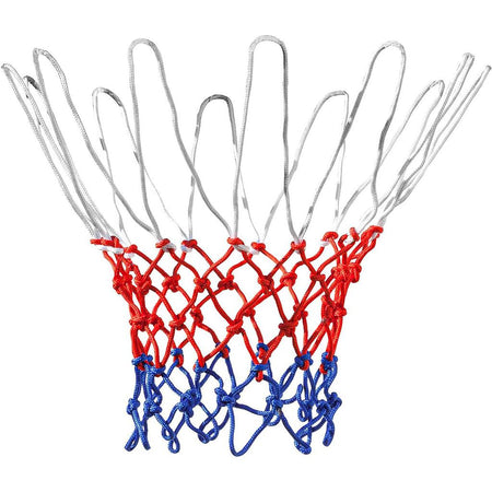 The Midwest Basketball 18" Hoop Spare Net by Midwest is a weather-resistant, tri-color rope net—white at the top, red in the middle, blue at the bottom—designed to fit any standard 18-inch basketball hoop, shown on a plain white background.