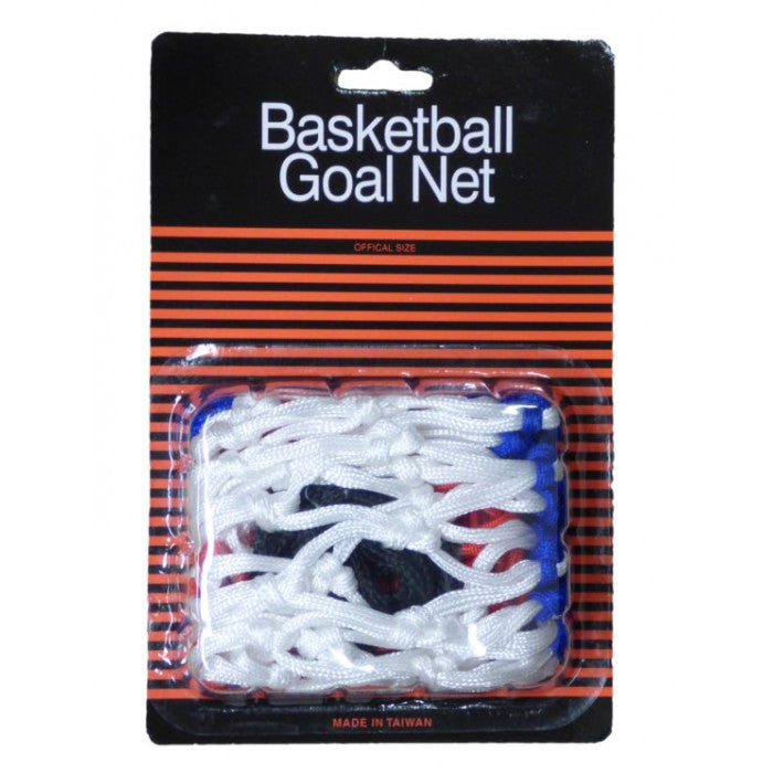 A packaged Carta Sport Basketball Goal Net (Red/White/Blue) with red, white, and blue segments is shown against a black and orange striped background labeled "Basketball Goal Net.