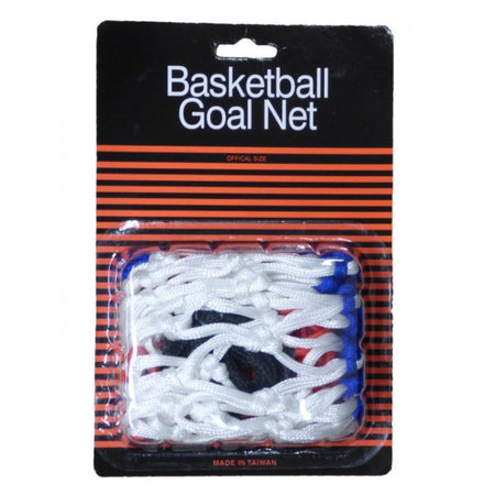 A packaged Carta Sport Basketball Goal Net (Red/White/Blue) with red, white, and blue segments is shown against a black and orange striped background labeled "Basketball Goal Net.