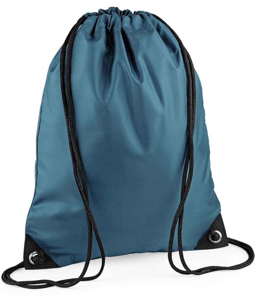 The PenCarrie BagBase Premium Gymsac in Airforce Blue features black drawstrings, reinforced black corners with metal grommets, and water-resistant fabric—a stylish choice set against a white background.