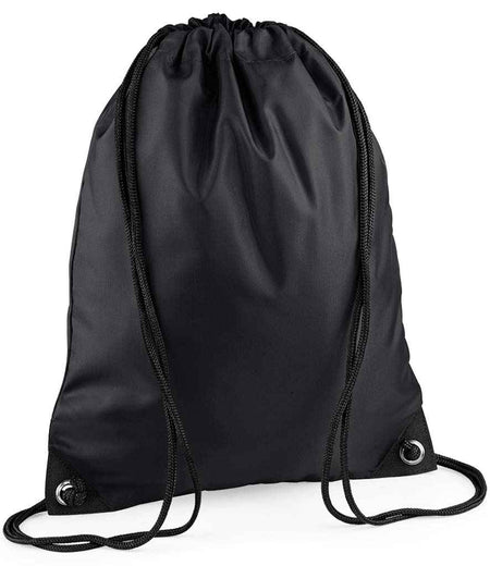 The PenCarrie BagBase Premium Gymsac in black is made from smooth, water-resistant fabric, featuring dual black drawstrings with metal grommets at the corners for secure closure and easy carrying.