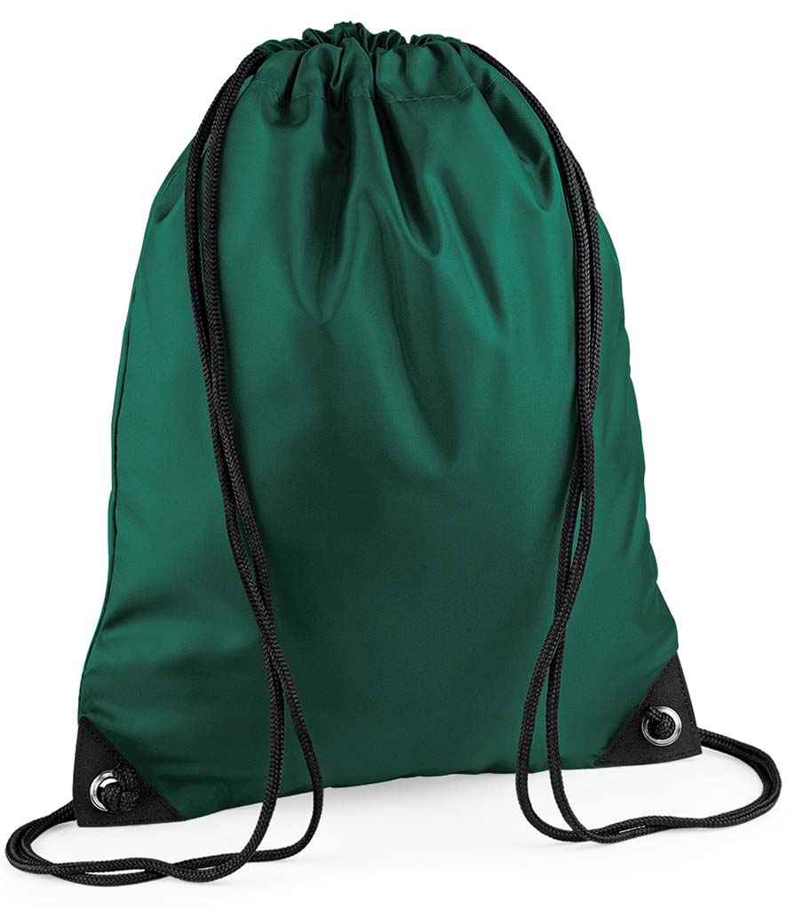 The PenCarrie BagBase Premium Gymsac in Bottle Green features black drawstrings and reinforced black corners, standing upright against a white background.