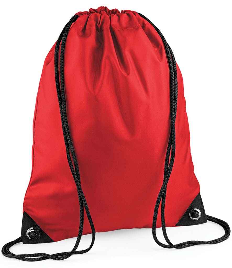 The PenCarrie BagBase Premium Gymsac in bright red features black drawcords, water-resistant fabric, and reinforced black corners with metal grommets, shown on a plain white background.
