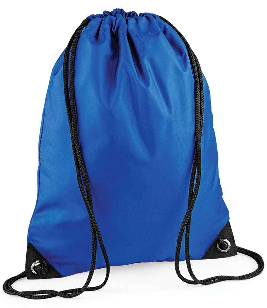 The PenCarrie BagBase Premium Gymsac in Bright Royal, featuring water-resistant fabric, black strings, and reinforced black corners, is displayed against a white background.