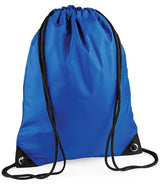 The PenCarrie BagBase Premium Gymsac in Bright Royal, featuring water-resistant fabric, black strings, and reinforced black corners, is displayed against a white background.