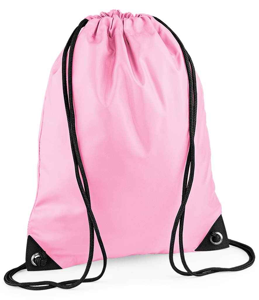 The PenCarrie BagBase Premium Gymsac is a classic pink drawstring bag with black cords, reinforced corners, and a water resistant design, shown against a white background.