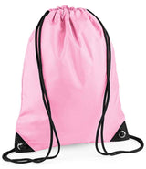 The PenCarrie BagBase Premium Gymsac is a classic pink drawstring bag with black cords, reinforced corners, and a water resistant design, shown against a white background.