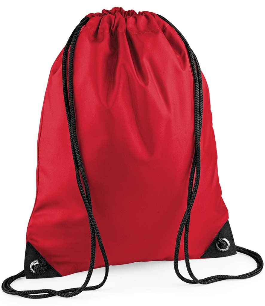 The BagBase Premium Gymsac by PenCarrie in Classic Red features black drawcords and metal grommets at the corners, shown against a white background.
