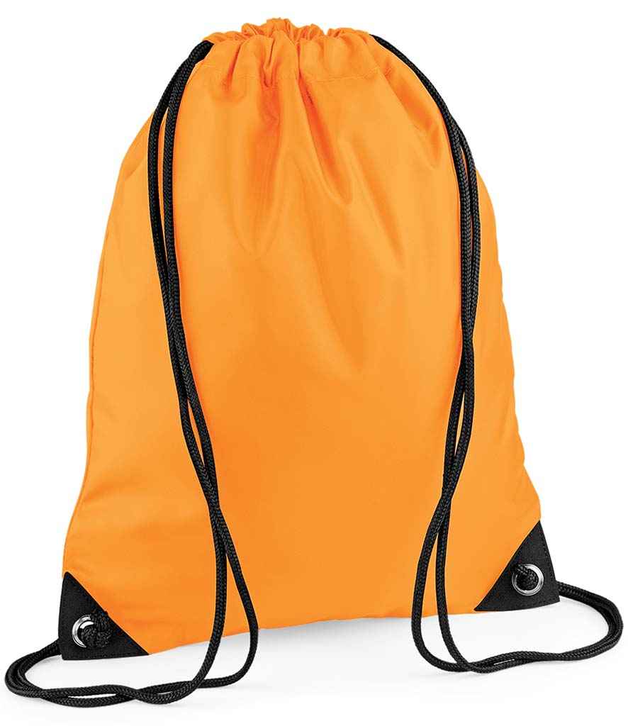 The PenCarrie BagBase Premium Gymsac in Fluorescent Orange features black drawcords and reinforced black corners with metal grommets, shown against a white background.