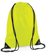 The PenCarrie BagBase Premium Gymsac is a fluorescent yellow water-resistant drawstring bag with black strings, reinforced black corners, and metal grommets.