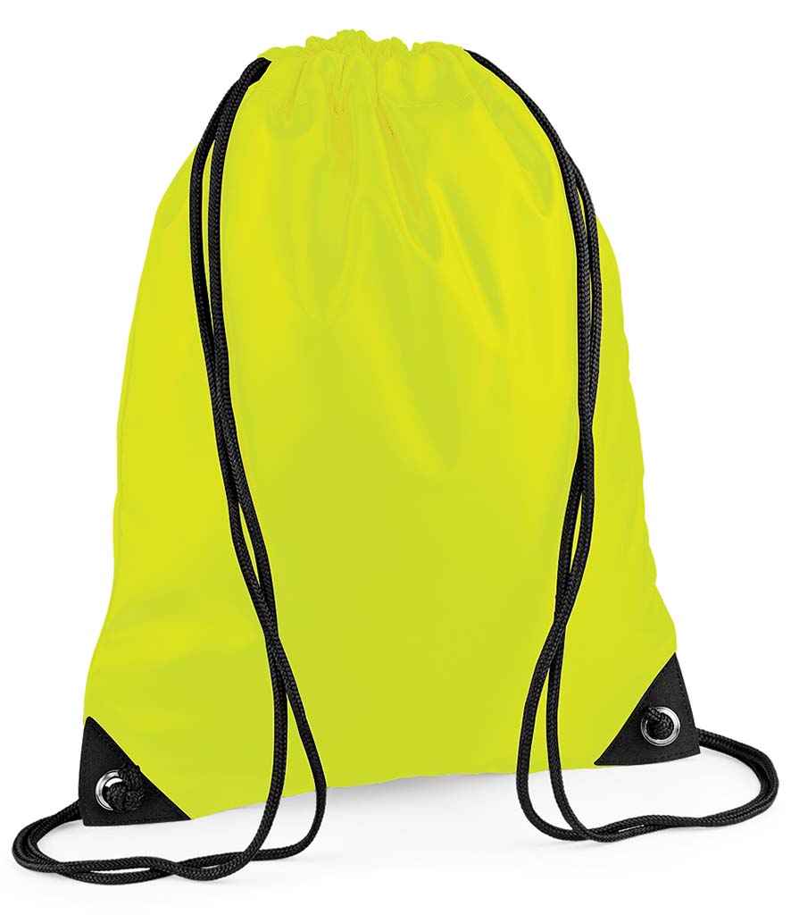 The PenCarrie BagBase Premium Gymsac is a fluorescent yellow water-resistant drawstring bag with black strings, reinforced black corners, and metal grommets.