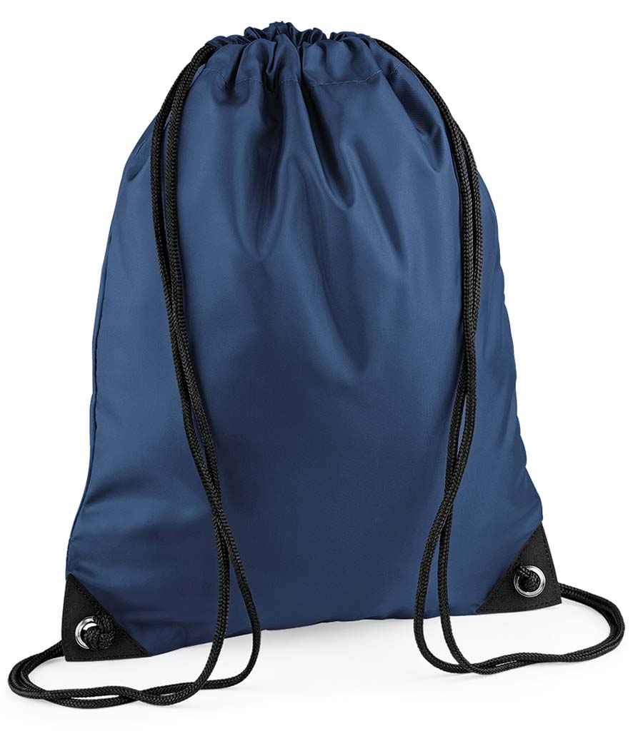 The PenCarrie BagBase Premium Gymsac in French Navy features black cords, reinforced black corners with metal grommets, and water-resistant fabric, shown against a white background.