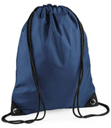 The PenCarrie BagBase Premium Gymsac in French Navy features black cords, reinforced black corners with metal grommets, and water-resistant fabric, shown against a white background.