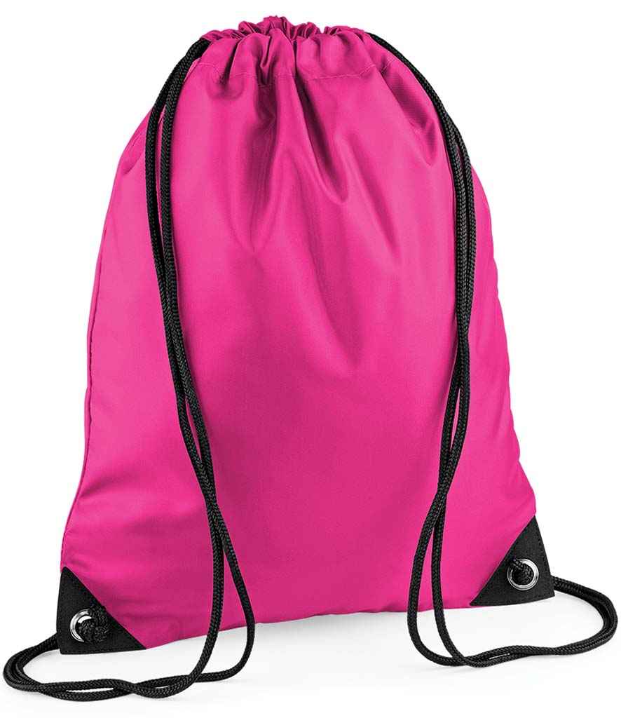 The PenCarrie BagBase Premium Gymsac is a fuchsia drawstring bag with black cords and reinforced black corners, displayed against a white background.