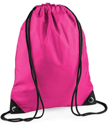 The PenCarrie BagBase Premium Gymsac is a fuchsia drawstring bag with black cords and reinforced black corners, displayed against a white background.