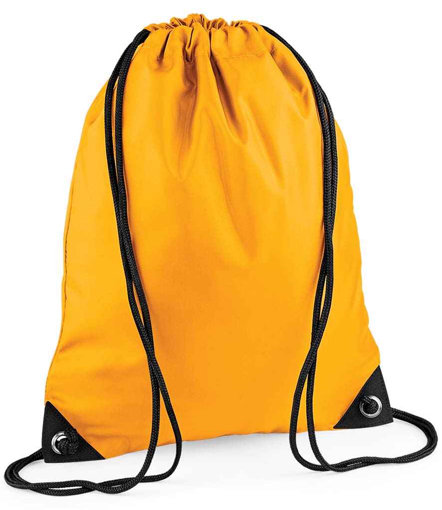 The PenCarrie BagBase Premium Gymsac in gold features black drawstrings and reinforced black corners, displayed against a white background.