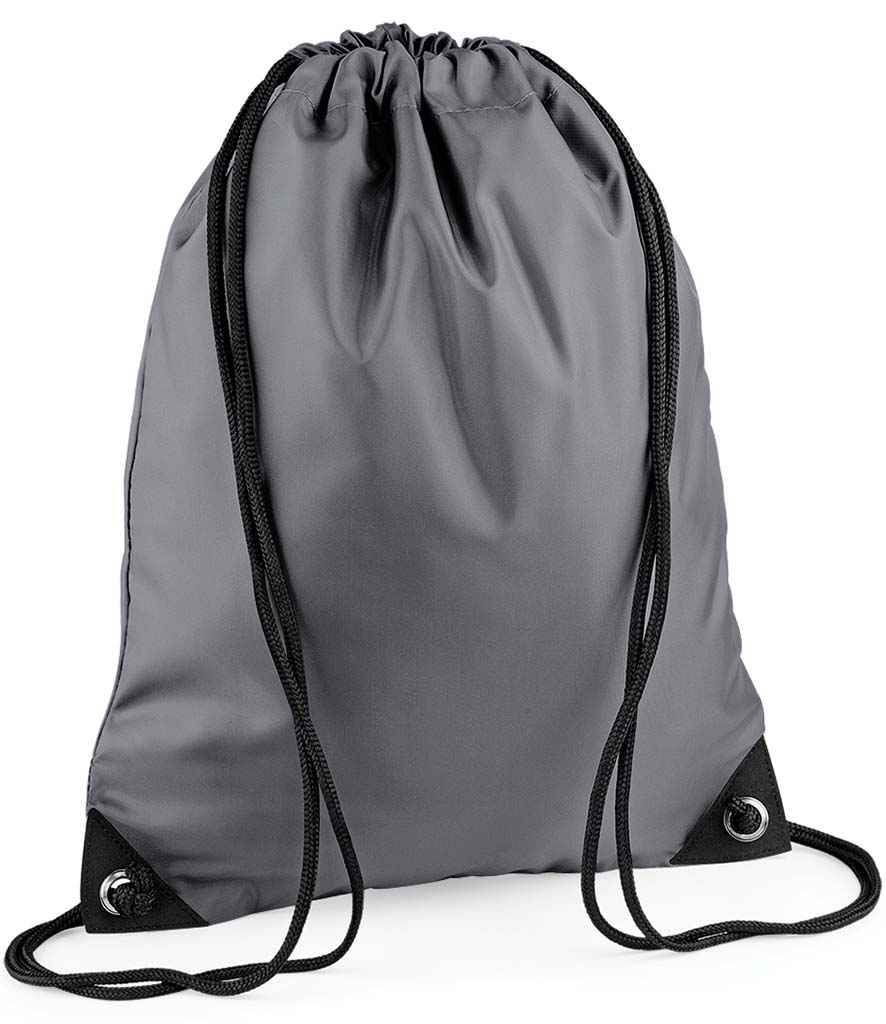 The PenCarrie BagBase Premium Gymsac in graphite grey features black drawstrings, reinforced corners, and water-resistant material, shown standing upright on a plain white background.