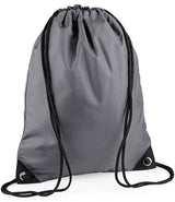 The PenCarrie BagBase Premium Gymsac in graphite grey features black drawstrings, reinforced corners, and water-resistant material, shown standing upright on a plain white background.
