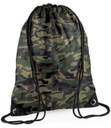 The PenCarrie BagBase Premium Gymsac in Jungle Camo is water-resistant and features black drawstring straps plus metal-reinforced bottom corners for added durability.
