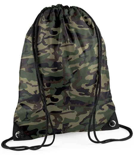 The PenCarrie BagBase Premium Gymsac in Jungle Camo is water-resistant and features black drawstring straps plus metal-reinforced bottom corners for added durability.
