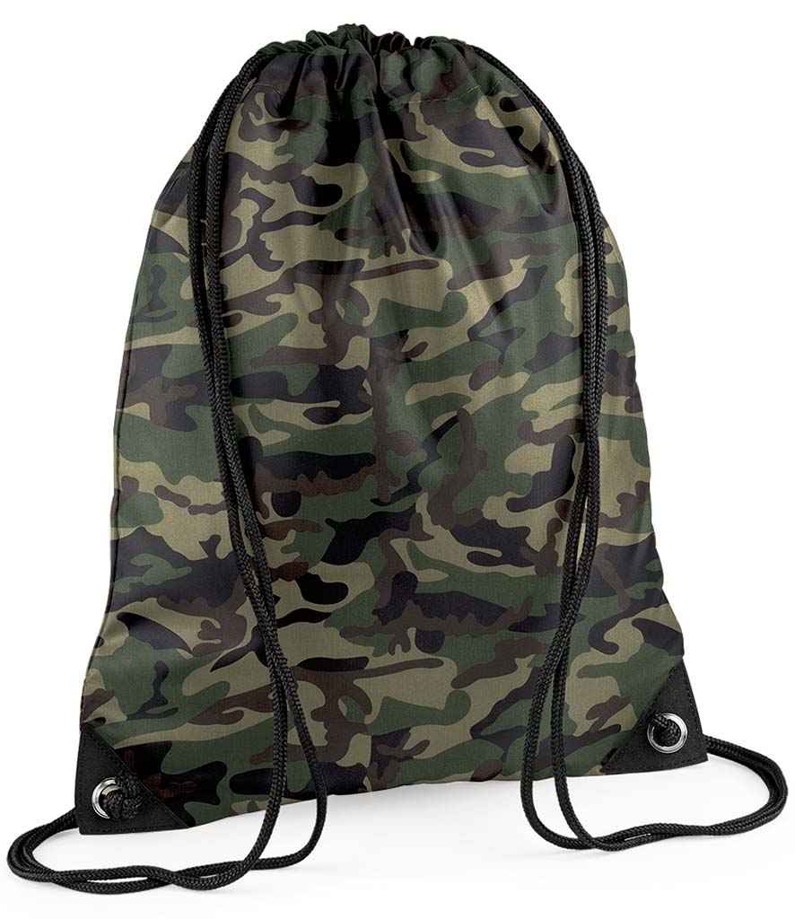 The PenCarrie BagBase Premium Gymsac in Jungle Camo is water-resistant and features black drawstring straps plus metal-reinforced bottom corners for added durability.