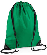 The PenCarrie BagBase Premium Gymsac in Kelly Green features black drawstrings, reinforced corners, and water resistance, shown on a plain white background.