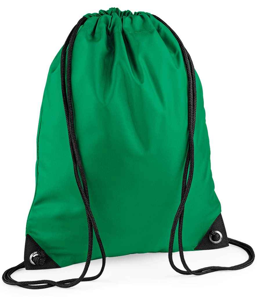 The PenCarrie BagBase Premium Gymsac in Kelly Green features black drawstrings, reinforced corners, and water resistance, shown on a plain white background.