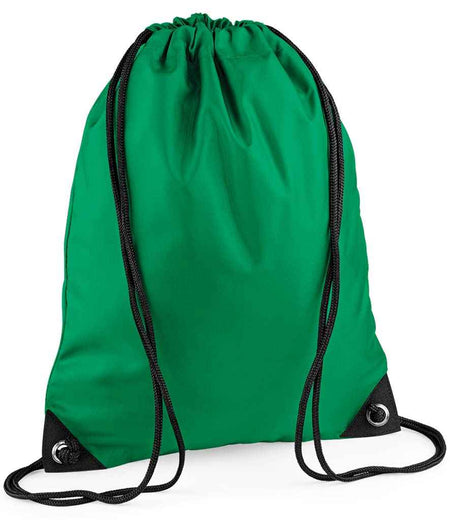The PenCarrie BagBase Premium Gymsac in Kelly Green features black drawstrings, reinforced corners, and water resistance, shown on a plain white background.