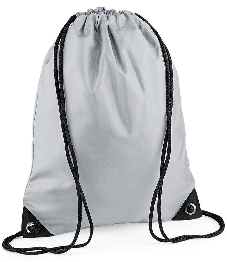 The PenCarrie BagBase Premium Gymsac in Light Grey features black drawstrings, reinforced black corners with metal grommets, is water resistant, and has a plain design with no visible logos or patterns.