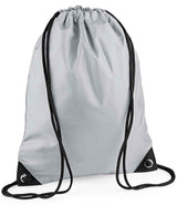 The PenCarrie BagBase Premium Gymsac in Light Grey features black drawstrings, reinforced black corners with metal grommets, is water resistant, and has a plain design with no visible logos or patterns.
