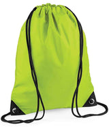 The PenCarrie BagBase Premium Gymsac in Lime Green is a water resistant drawstring bag with black strings, reinforced black corners, and metal grommets, shown against a white background.