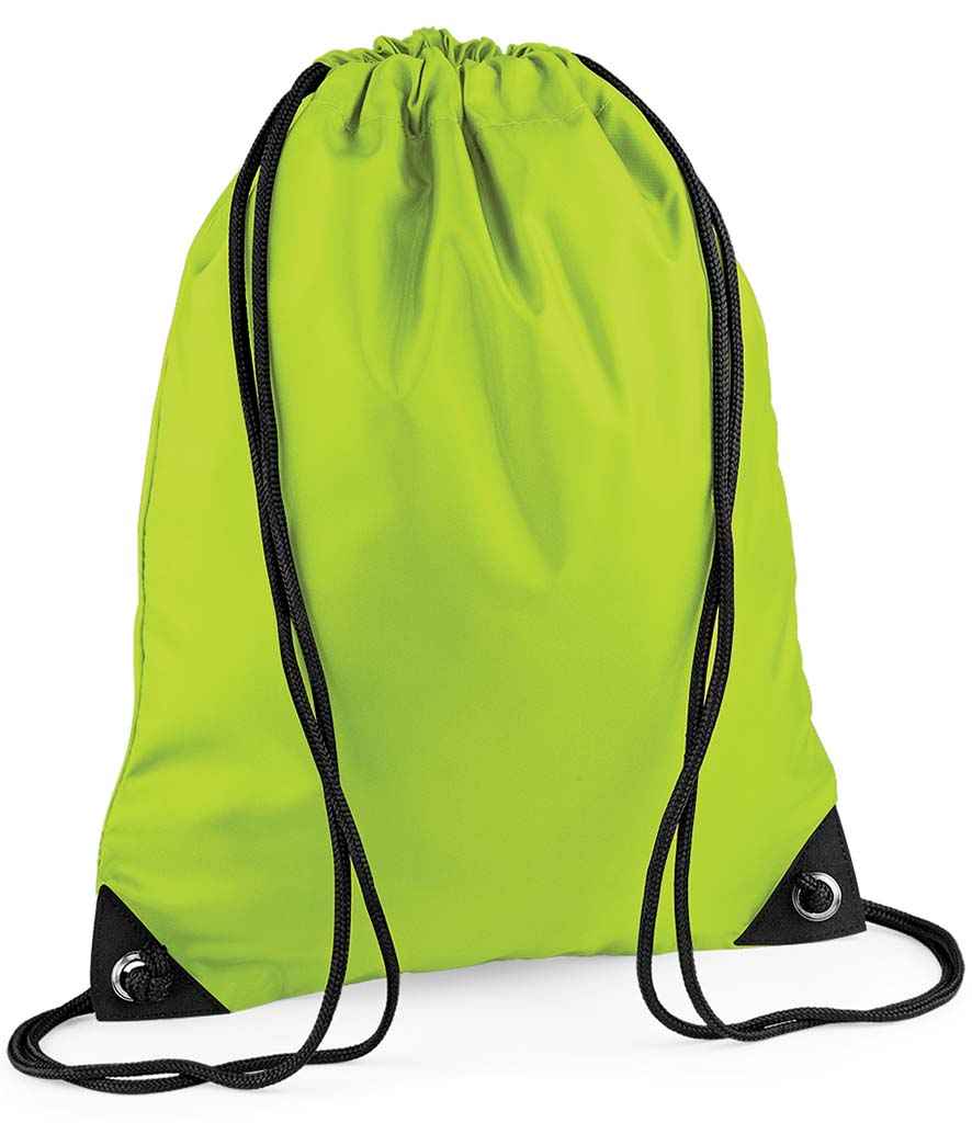 The PenCarrie BagBase Premium Gymsac in Lime Green is a water resistant drawstring bag with black strings, reinforced black corners, and metal grommets, shown against a white background.