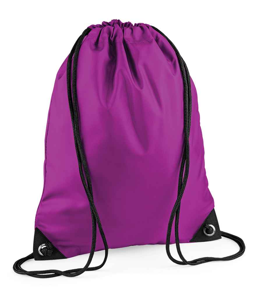 The PenCarrie BagBase Premium Gymsac in magenta features water resistance, black drawstrings, and reinforced black eyelets at the bottom corners, shown against a white background.