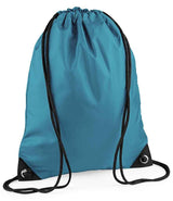 The PenCarrie BagBase Premium Gymsac in Ocean Blue is a water-resistant drawstring bag with sturdy black cords and reinforced corners with metal grommets, displayed upright against a white background.